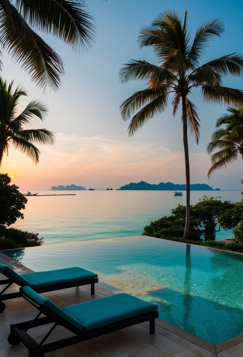 A luxurious villa in Phuket, Thailand with a private pool overlooking the crystal-clear waters of the Andaman Sea. Palm trees sway in the gentle breeze as the sun sets behind the distant horizon