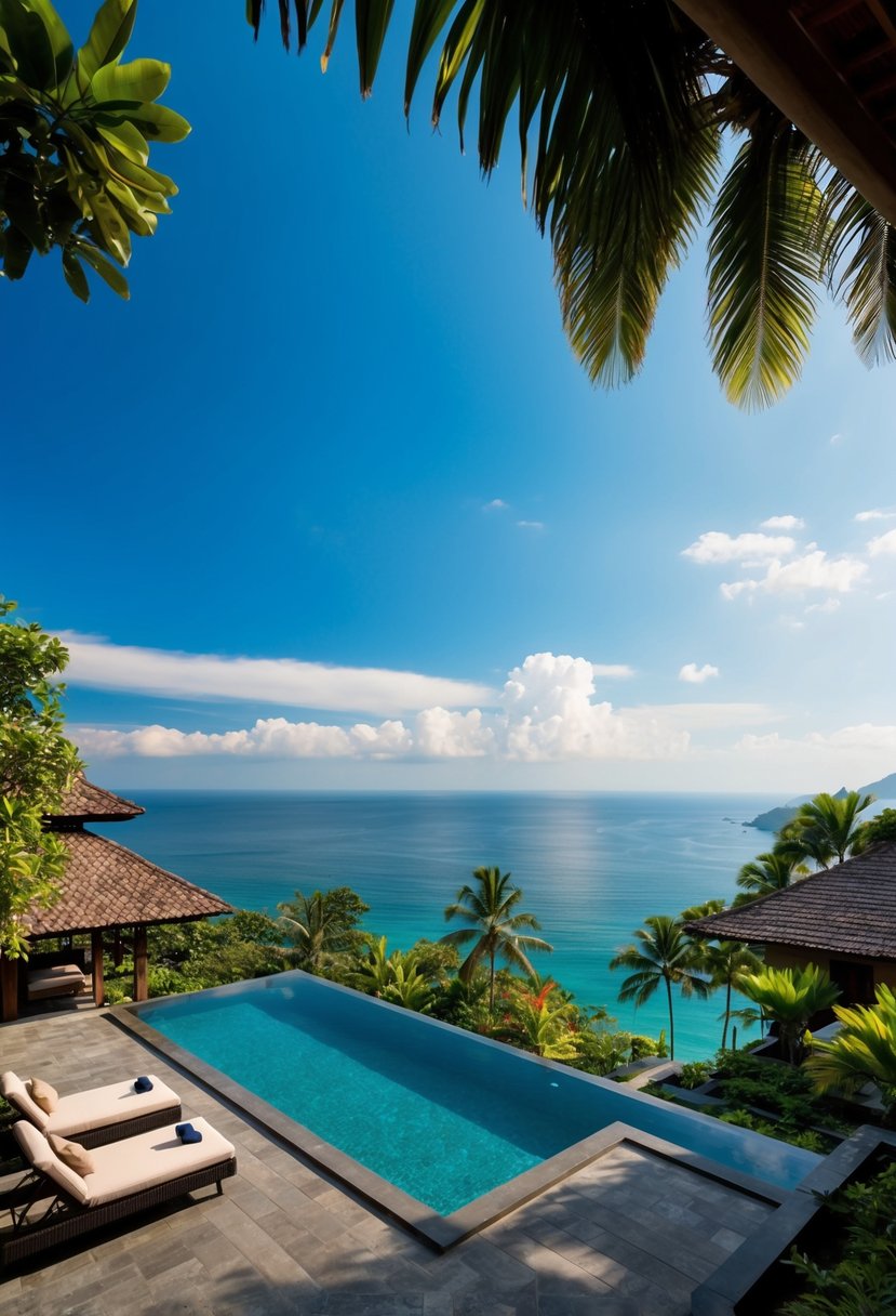 A luxurious villa in Bali, Indonesia, with a private pool surrounded by lush tropical greenery and a breathtaking view of the ocean
