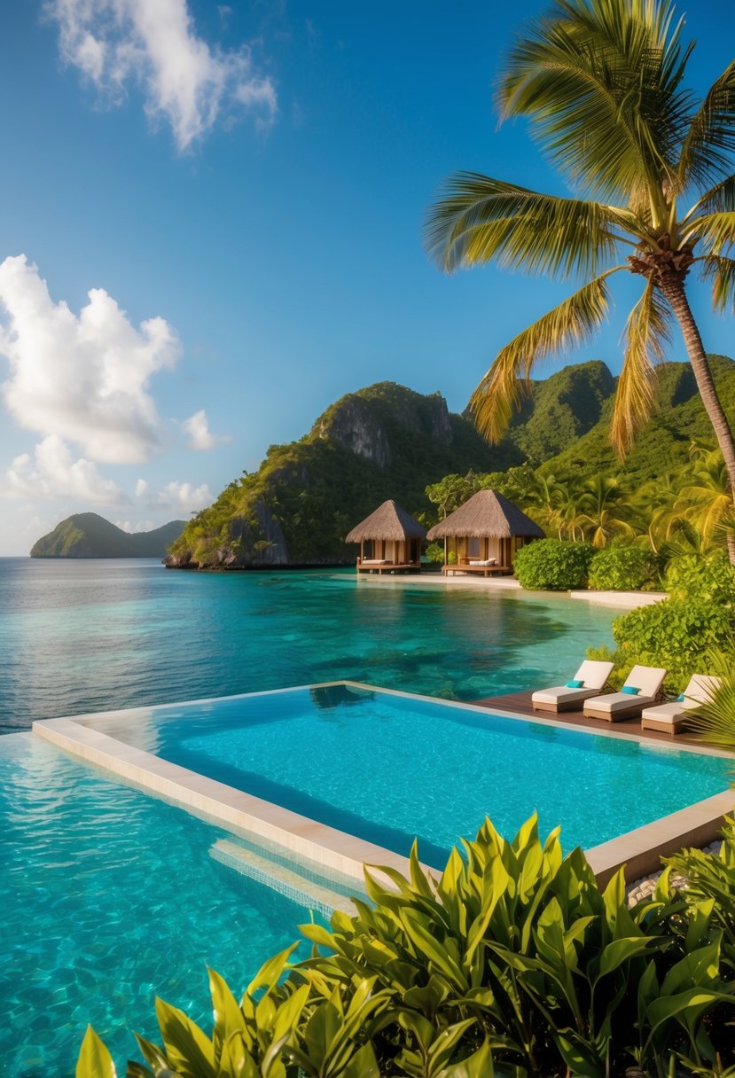 A luxurious private island in the Seychelles, featuring a stunning private pool with crystal clear waters, surrounded by lush tropical vegetation and overlooking the sparkling ocean