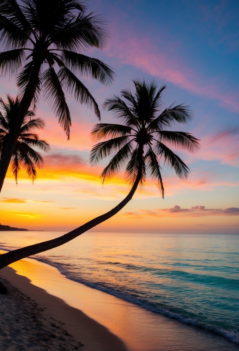 A serene beach at sunset, palm trees silhouetted against the colorful sky, crystal-clear water lapping at the shore