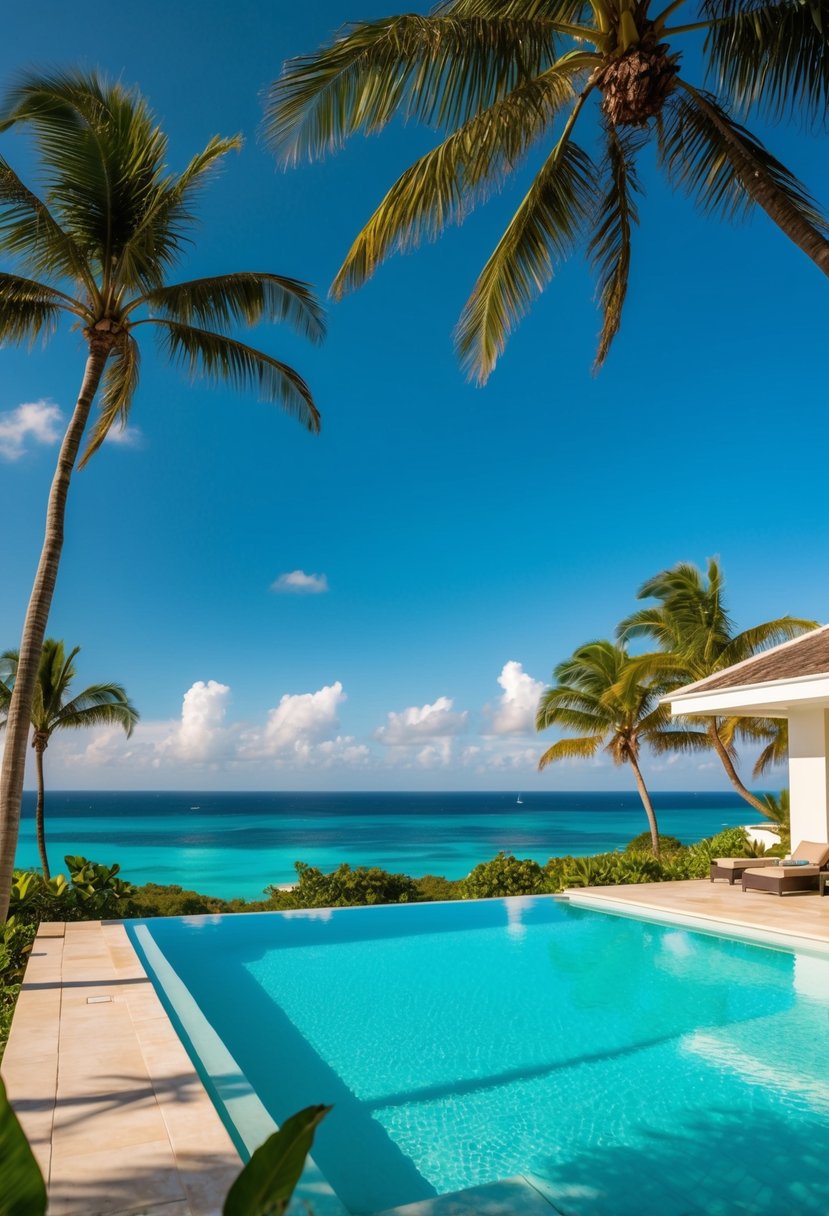 A luxurious villa in St. Lucia, with a private pool overlooking the turquoise Caribbean sea. Palm trees sway in the gentle breeze under a clear blue sky