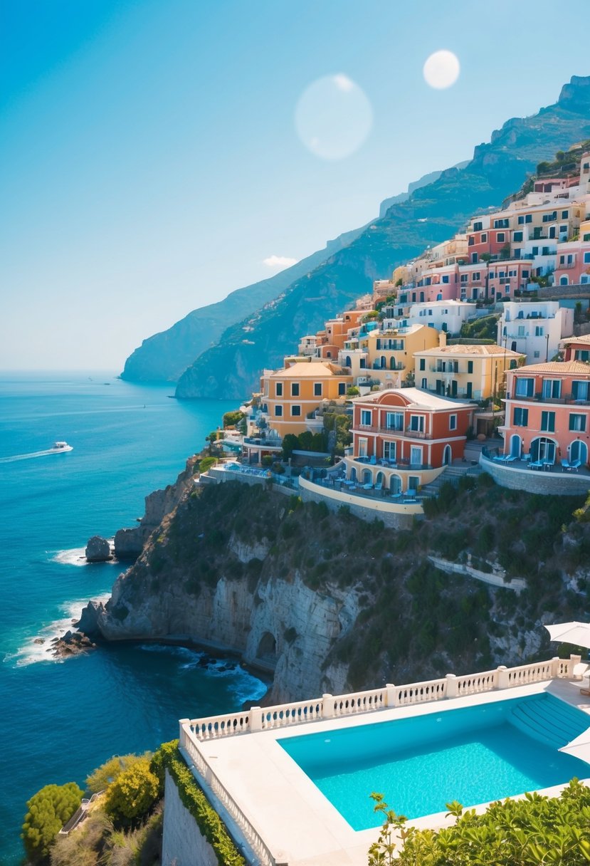 A luxurious villa perched on the cliffs of the Amalfi Coast, with a private infinity pool overlooking the sparkling blue sea and vibrant, colorful buildings dotting the coastline