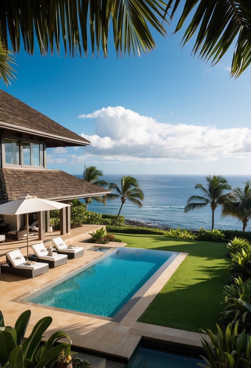 A luxurious villa in Maui, Hawaii, overlooking the ocean with a private pool and lush tropical surroundings
