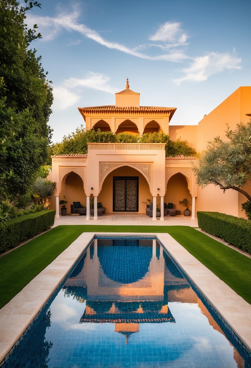A luxurious villa in Marrakech with a private pool surrounded by lush greenery and traditional Moroccan architecture