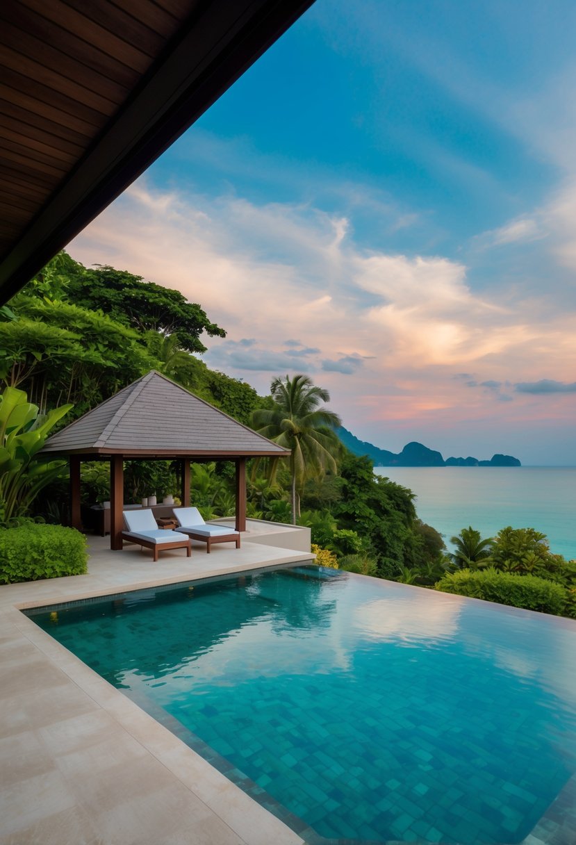 A luxurious villa in Krabi, Thailand, nestled in lush greenery, features a private pool overlooking the breathtaking ocean view