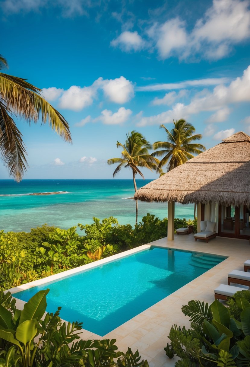 A luxurious villa in Zanzibar, Tanzania, with a private pool overlooking the crystal-clear ocean and surrounded by lush tropical vegetation