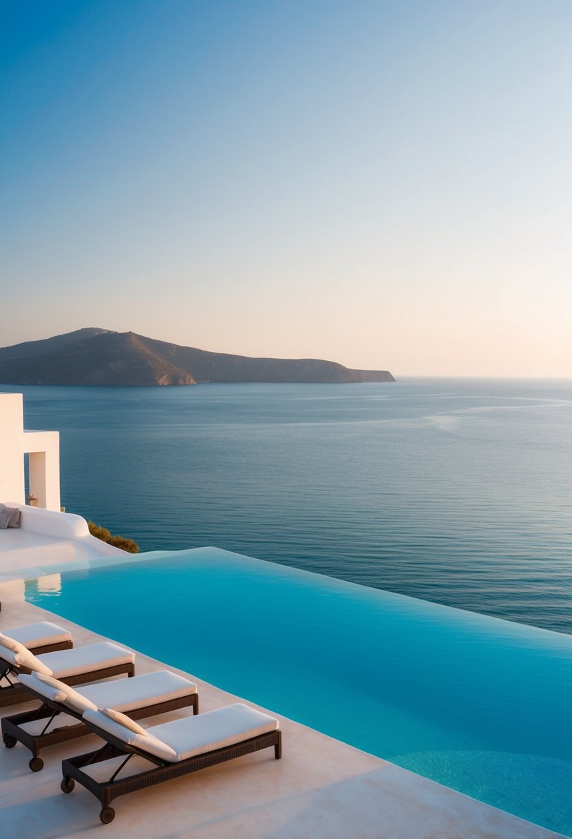 A luxurious villa in Mykonos, Greece, overlooks the crystal-clear Aegean Sea with a private infinity pool and comfortable lounging area