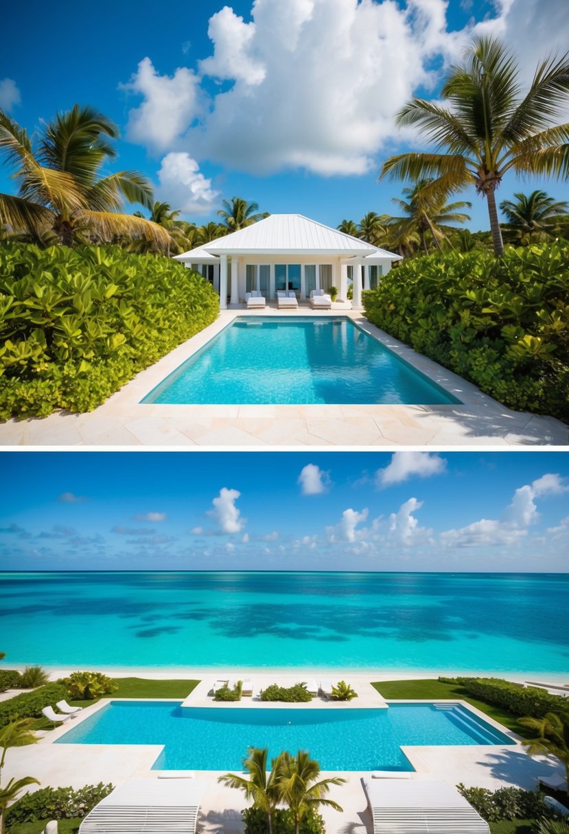 A luxurious villa in Turks and Caicos, with a private pool overlooking the crystal-clear ocean and surrounded by lush tropical greenery