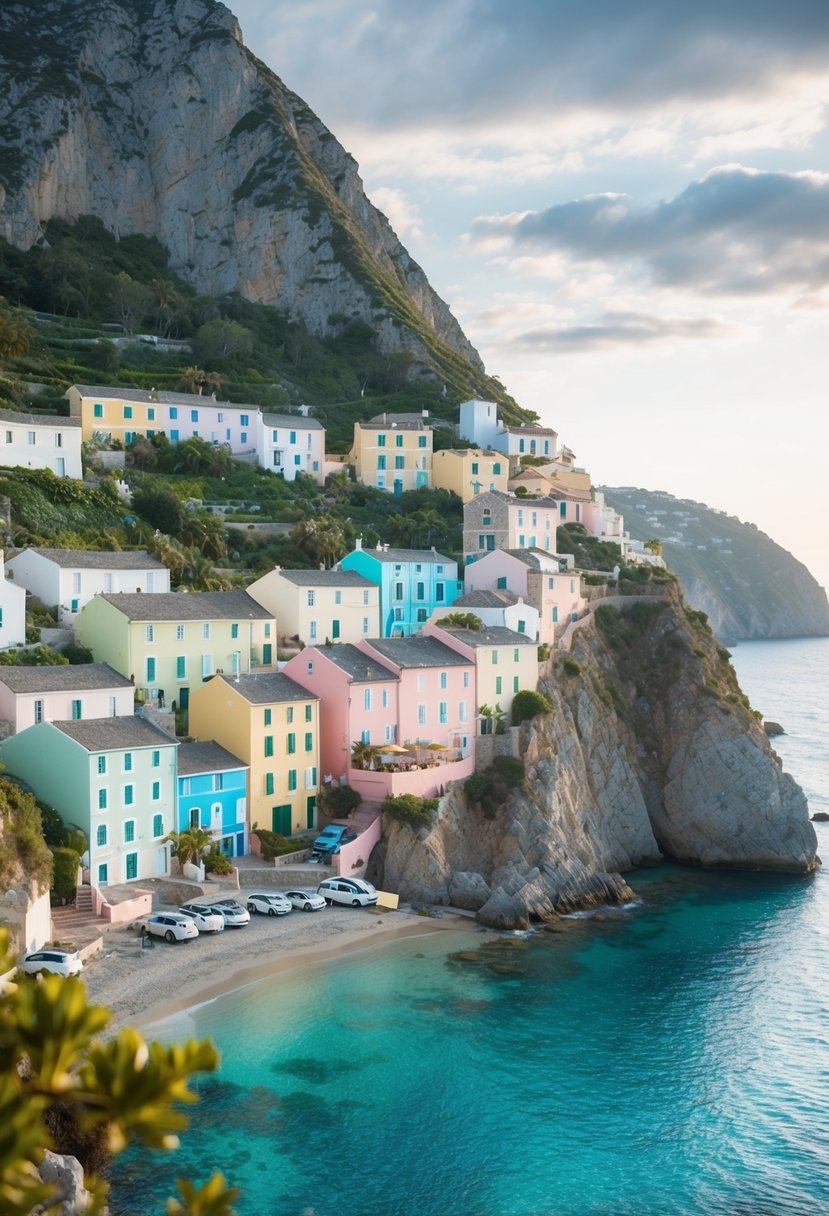 A serene coastal village nestled between steep cliffs and the turquoise sea, with pastel-colored buildings and lush greenery