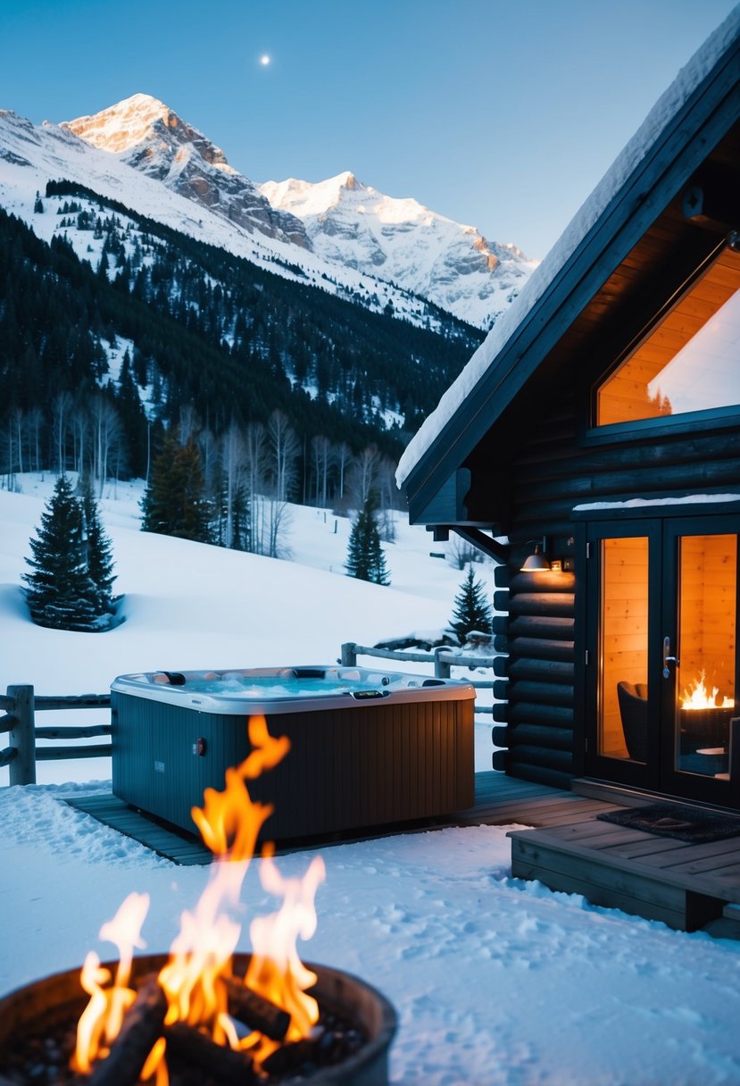 A cozy cabin nestled in the snowy mountains, with a crackling fire and a hot tub overlooking a breathtaking view
