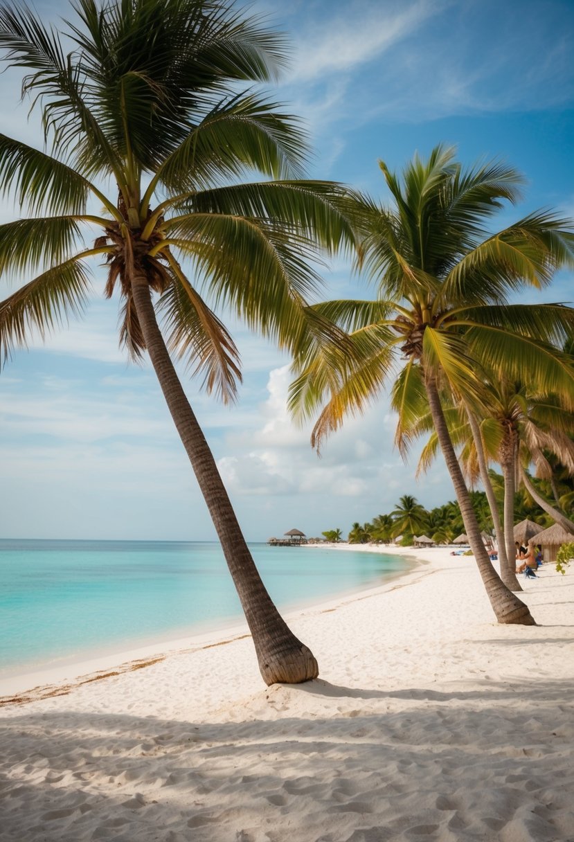 A serene beach in Tulum, Mexico with palm trees, white sand, and crystal-clear water