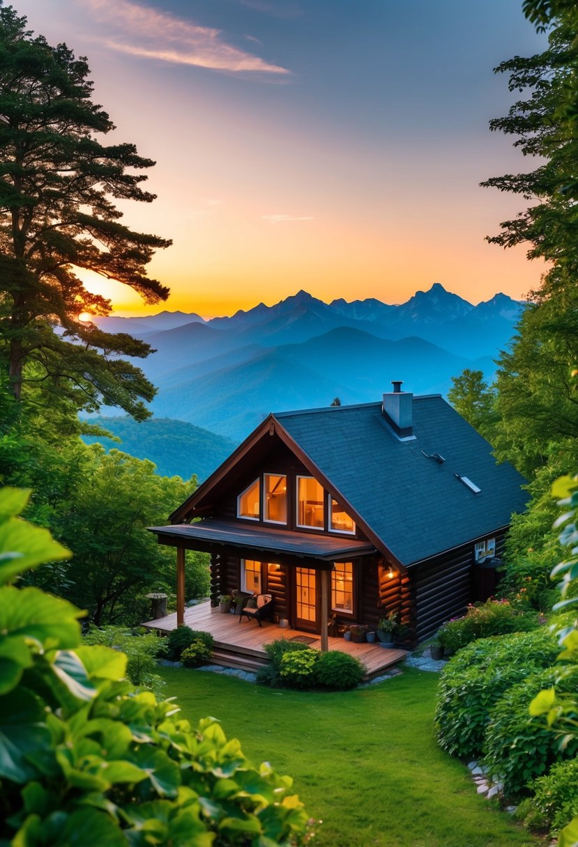 A cozy cabin nestled among lush greenery with a breathtaking view of the Blue Mountains at sunset