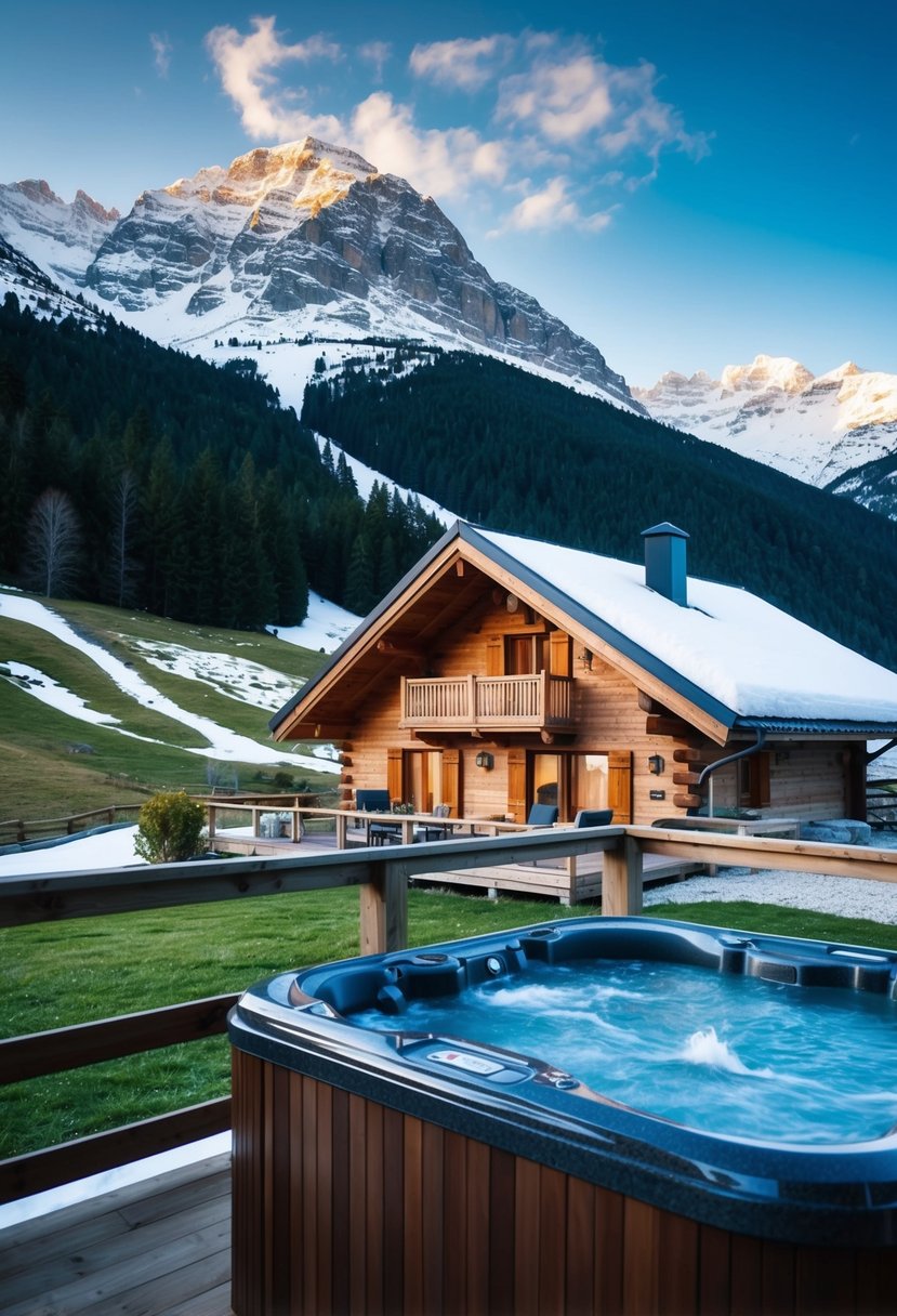 A cozy cabin nestled in the Pyrenees, surrounded by snow-capped mountains and lush greenery, with a bubbling hot tub on the deck