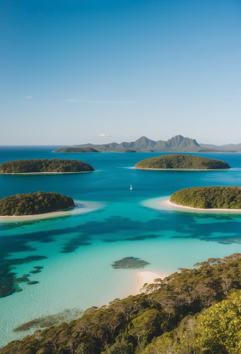 Crystal-clear waters surround lush, green islands under a bright, cloudless sky. Peaceful and serene, the Whitsunday Islands offer a secluded honeymoon getaway
