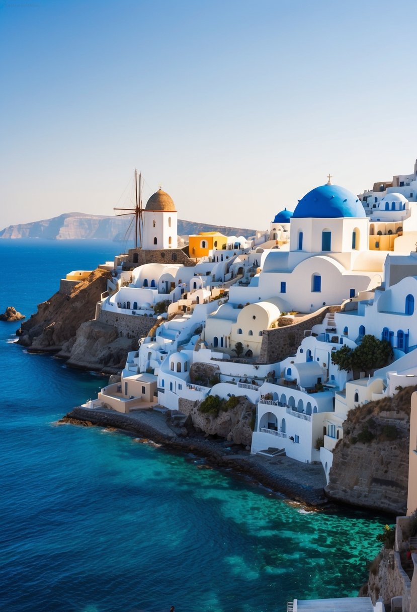The iconic blue-domed churches of Santorini overlook the crystal-clear waters, with white buildings cascading down the cliffs to the sparkling sea below