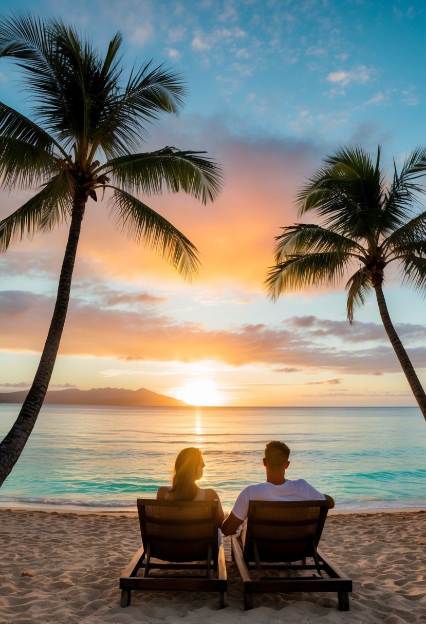 A couple lounging on a secluded beach with palm trees and crystal-clear waters, a colorful sunset painting the sky in Maui, Hawaii