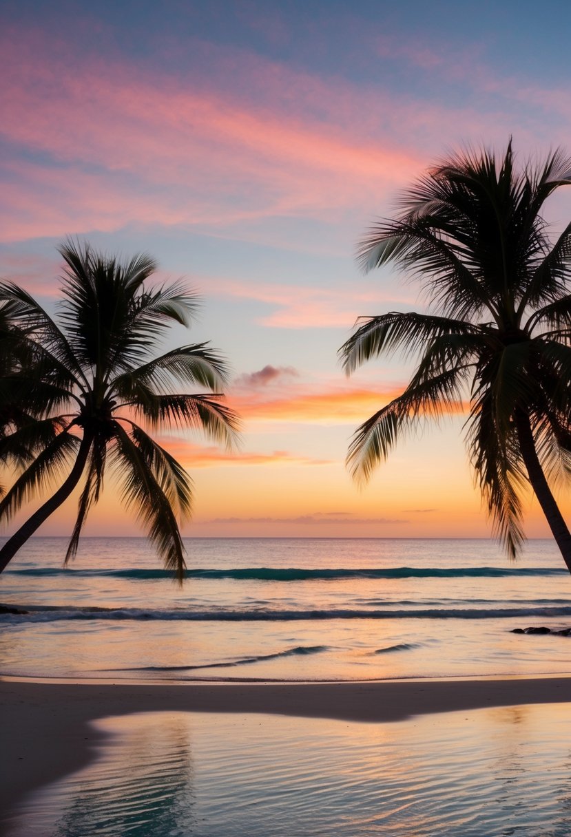 A serene beach at sunset, with palm trees, crystal-clear water, and a colorful sky over the horizon