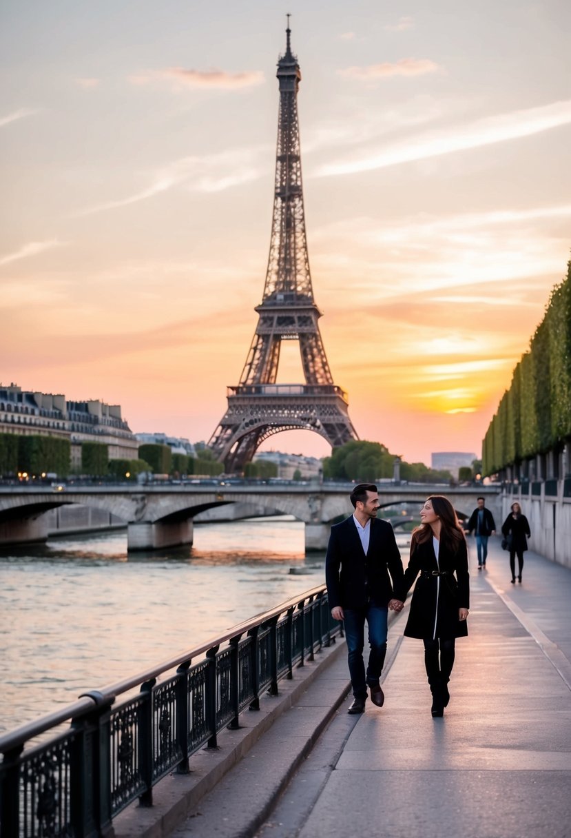 A romantic sunset over the Eiffel Tower, with a couple strolling along the Seine River, surrounded by charming Parisian architecture