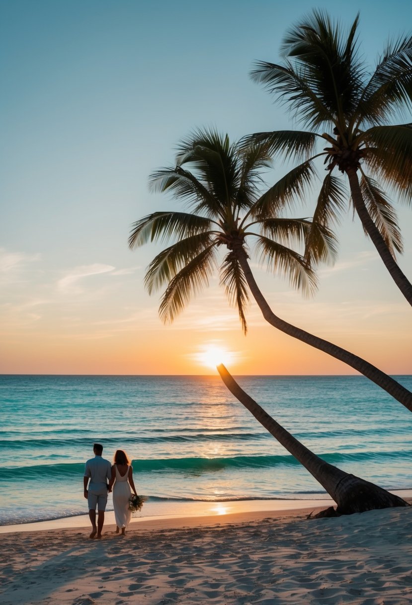 A sunset over the turquoise waters of a secluded beach, with palm trees swaying in the gentle breeze and a couple's footprints in the sand