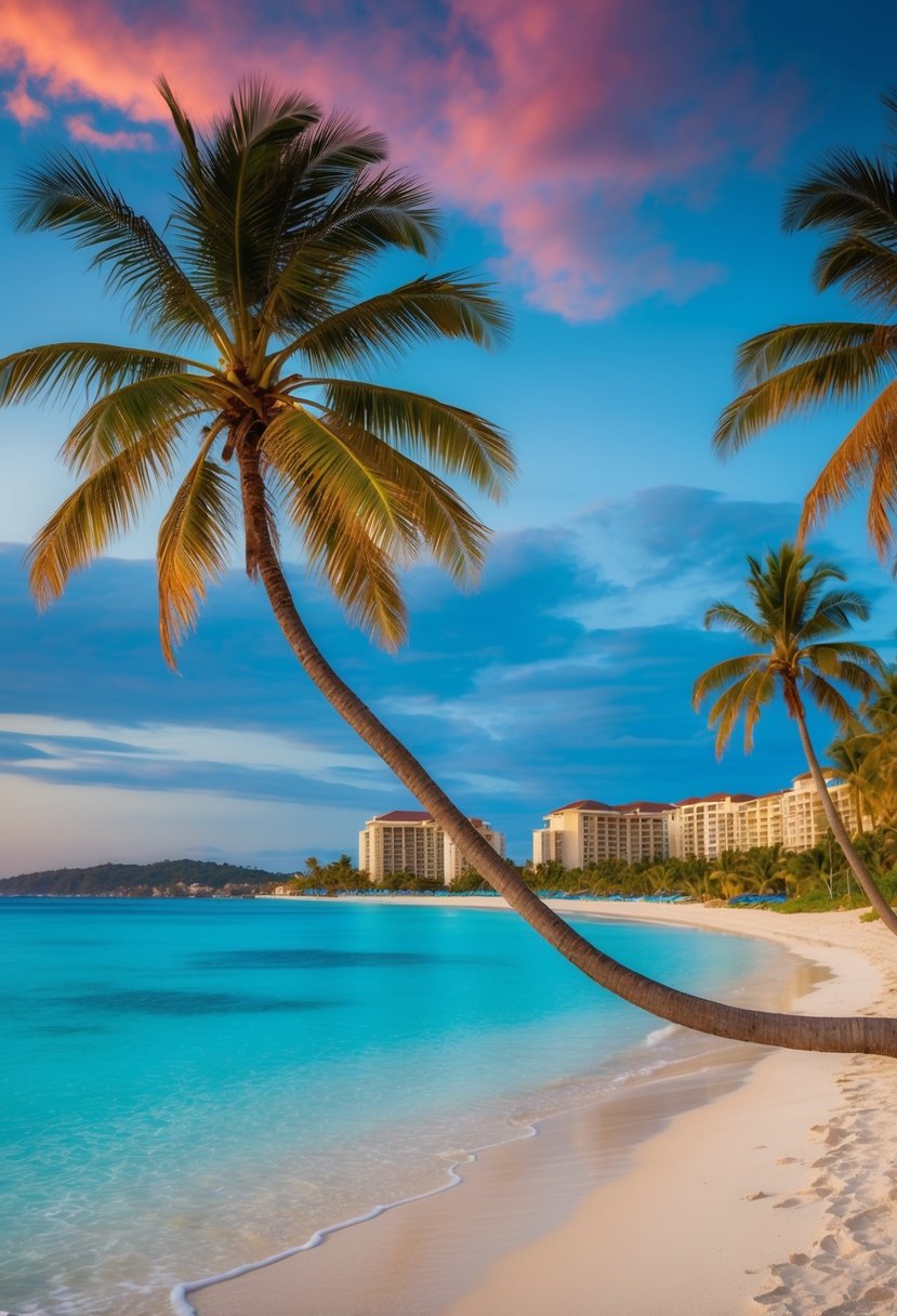 A serene beach with palm trees, crystal-clear waters, and luxurious beachfront resorts in the background, set against a colorful sunset sky