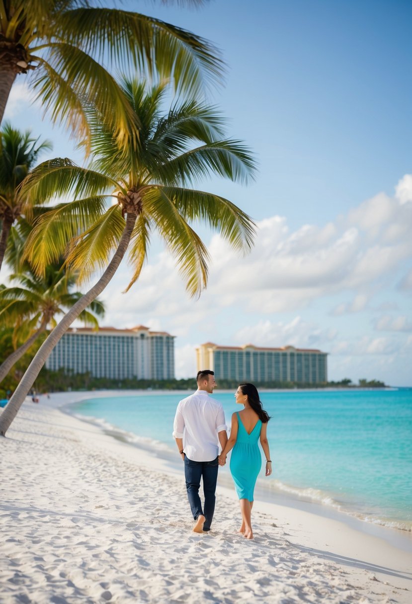 A couple strolls along the white sandy beach, framed by lush palm trees and turquoise waters, with beachfront hotels in the background