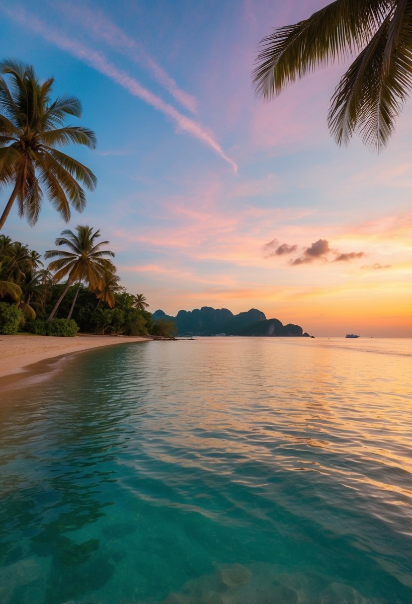 A serene beach at sunset with palm trees, crystal-clear water, and a colorful sky, creating a perfect honeymoon setting in Phuket, Thailand