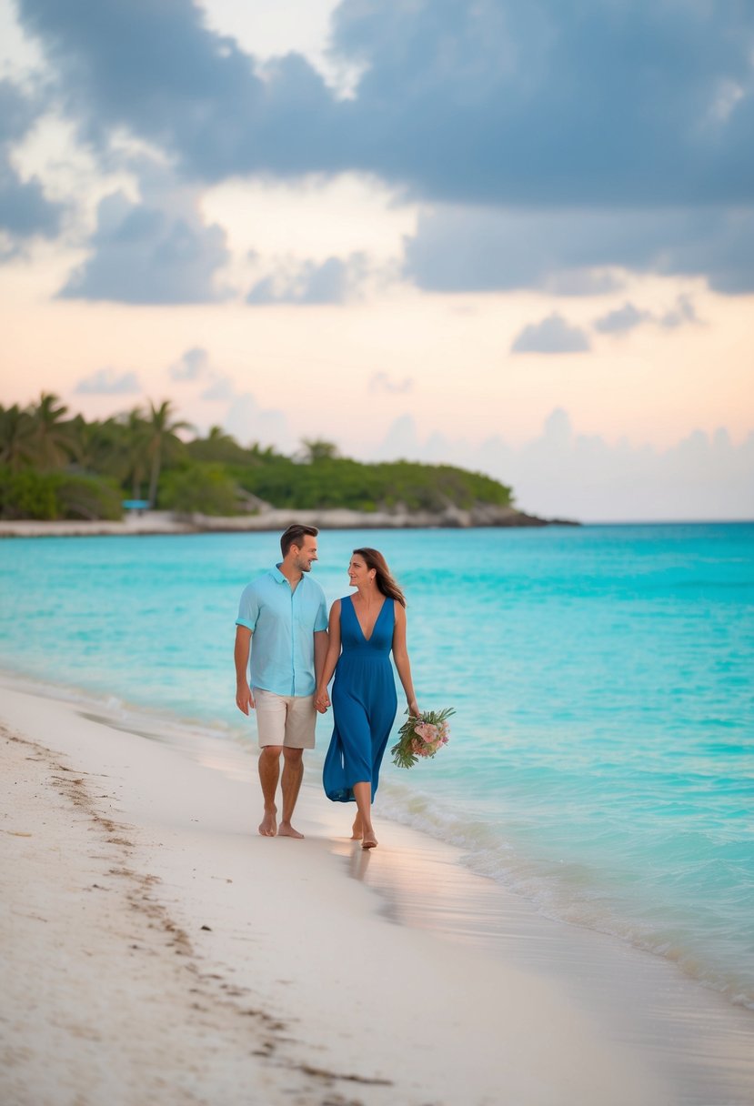 A couple strolls along a pristine, secluded beach on the island of Cozumel, Mexico, with turquoise waters and lush greenery in the background