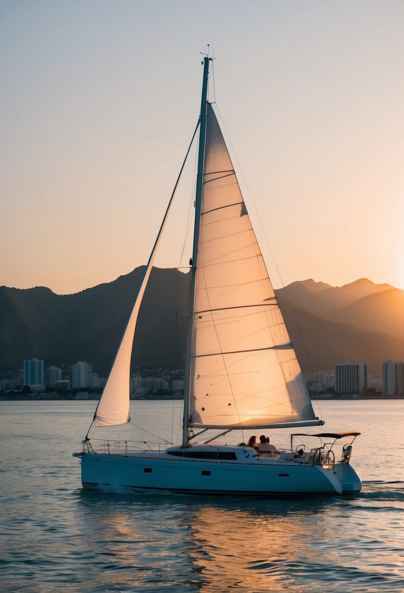 A sailboat glides along the calm waters as the sun sets behind the mountains, casting a warm glow over the coastline of Puerto Vallarta