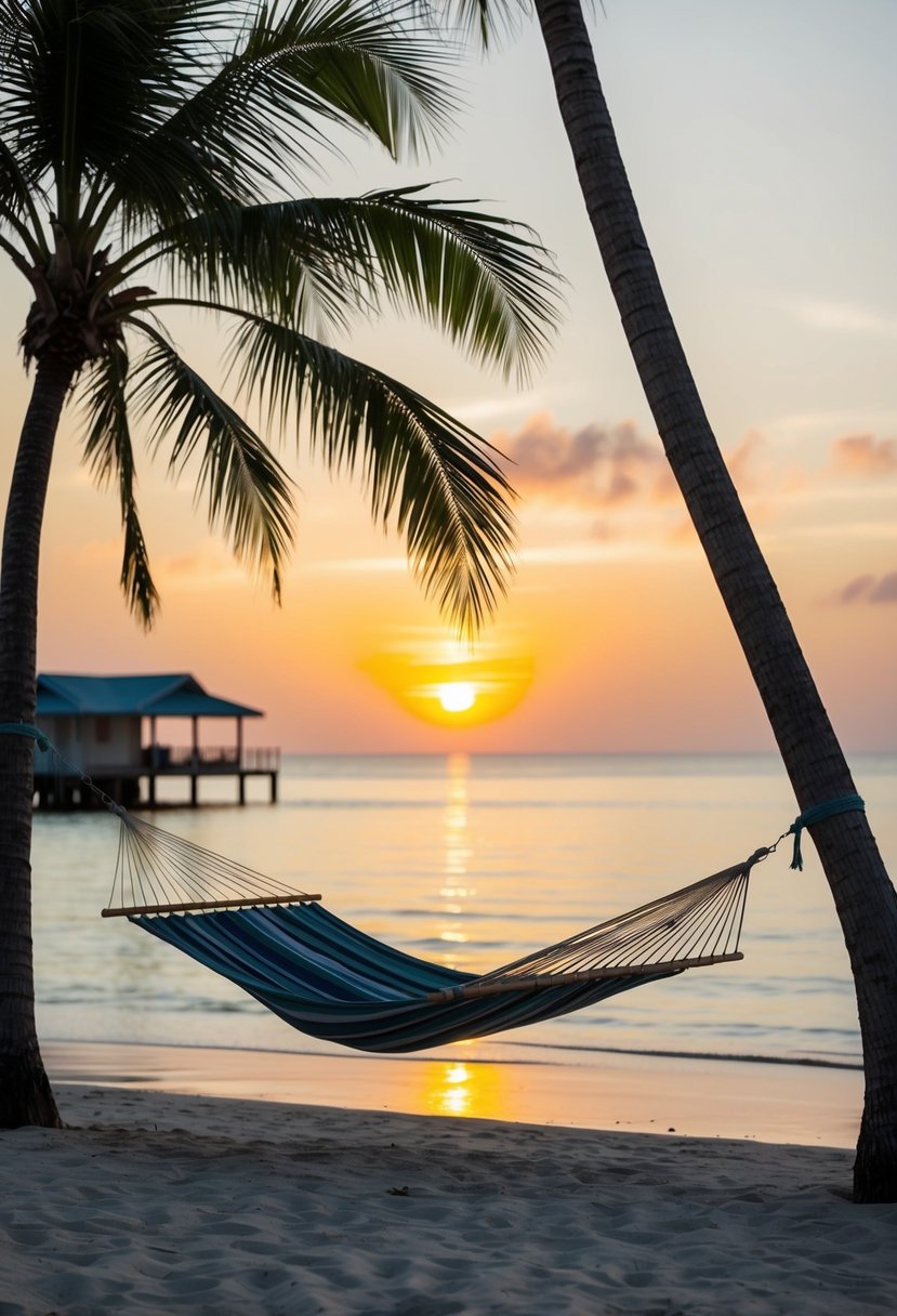 A secluded beach at sunset, with a hammock strung between two palm trees and a small bungalow in the background
