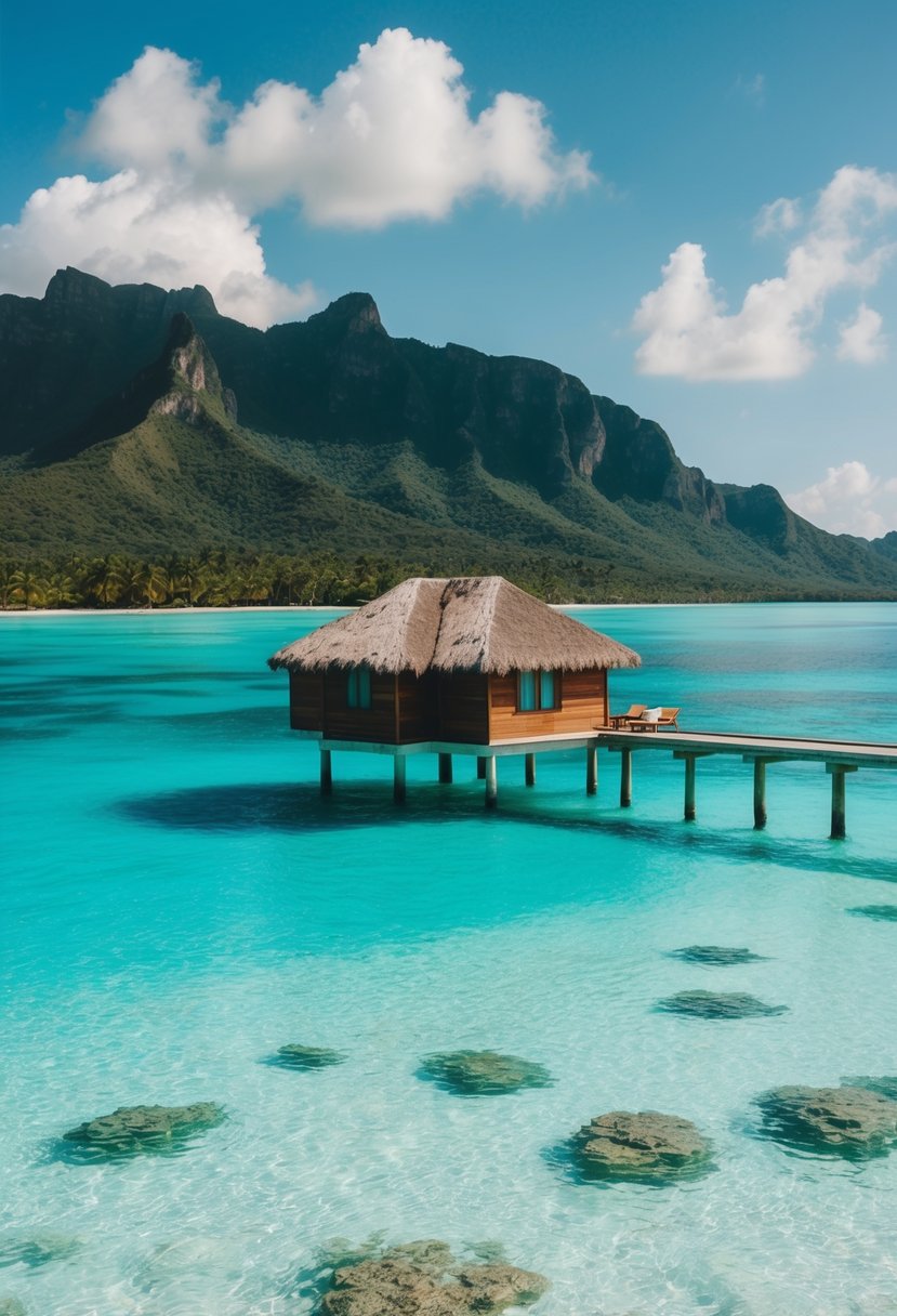 A secluded overwater bungalow on crystal-clear turquoise waters with lush green mountains in the background. A perfect remote honeymoon destination