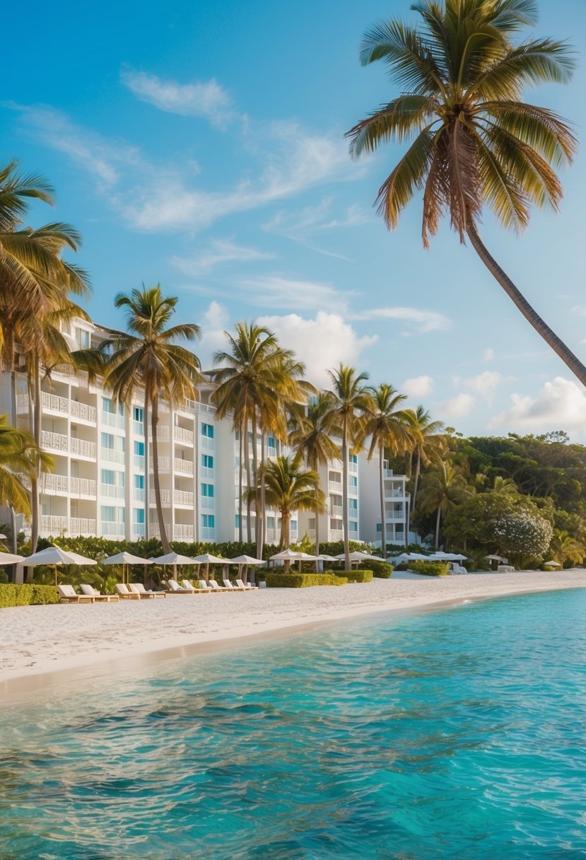 A serene beachfront with charming boutique hotels nestled among lush palm trees and turquoise waters