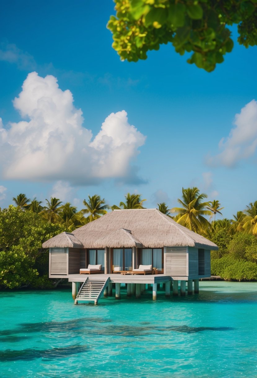 A secluded overwater villa at Reethi Rah, Maldives, surrounded by crystal clear turquoise waters and lush greenery
