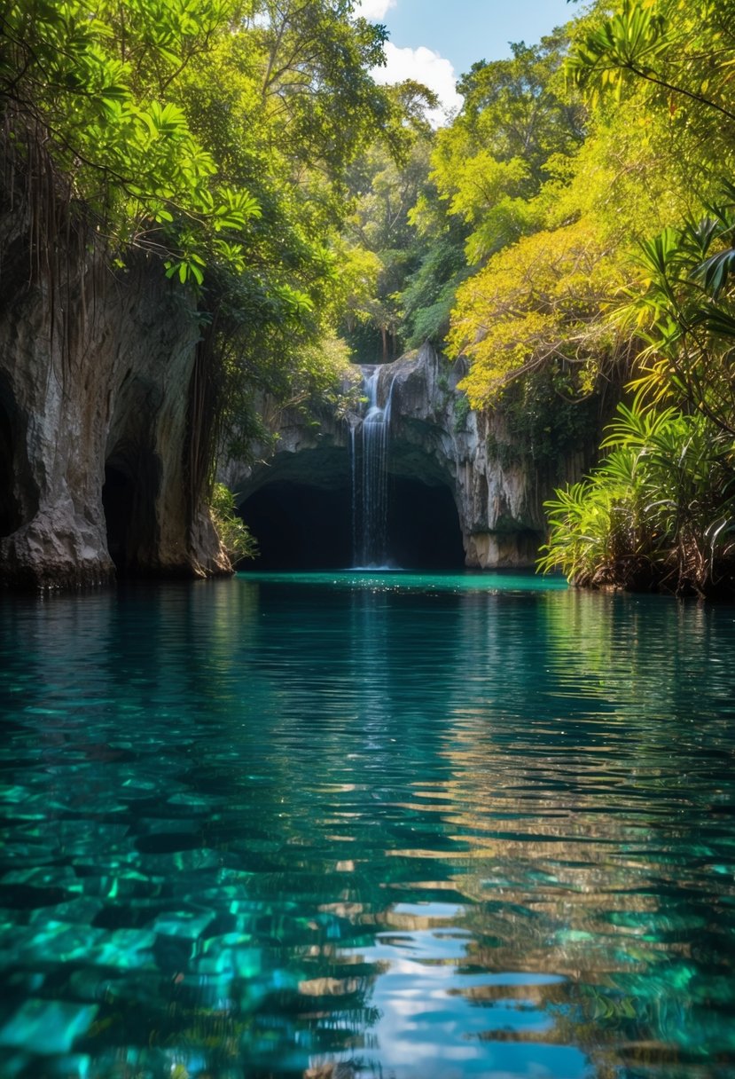 A secluded cenote surrounded by lush greenery, with crystal clear water reflecting the sunlight, creating a serene and romantic atmosphere