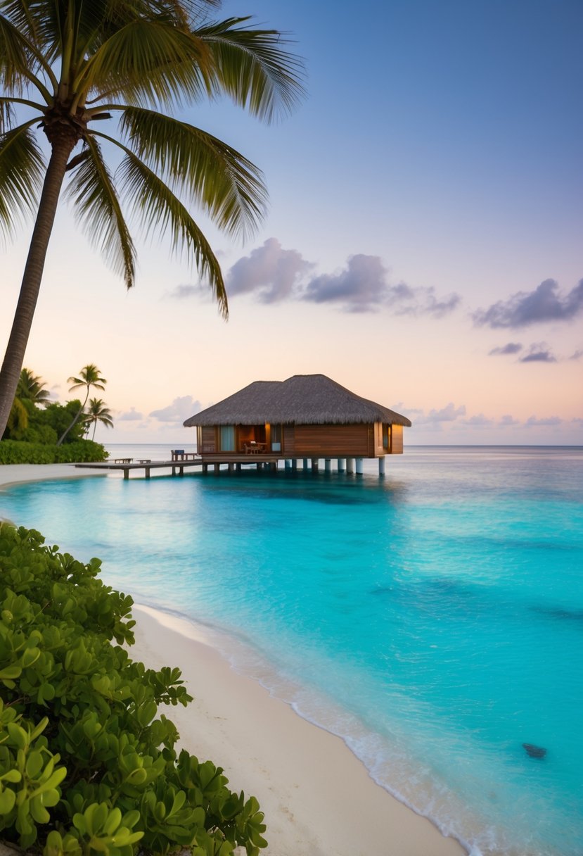 A secluded beach with crystal-clear waters, palm trees, and a luxurious overwater bungalow at Matangi Private Island Resort, Fiji