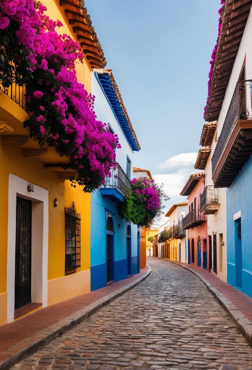 Cobblestone streets lined with colorful colonial buildings, blooming bougainvillea, and wrought-iron balconies in San Miguel de Allende, Mexico