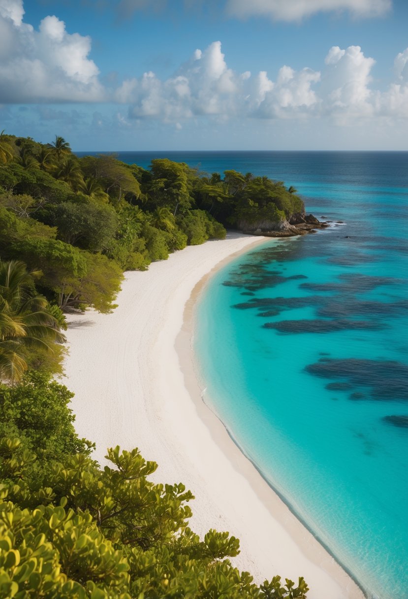 A secluded beach on Petit St. Vincent, with pristine white sand, crystal-clear turquoise waters, and lush greenery lining the shore