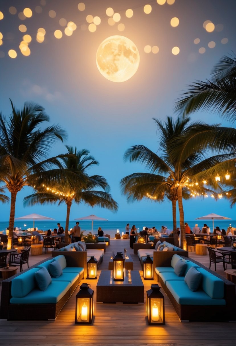 A moonlit beachfront with glowing lanterns, palm trees, and a cozy outdoor lounge, surrounded by the sounds of live music and laughter