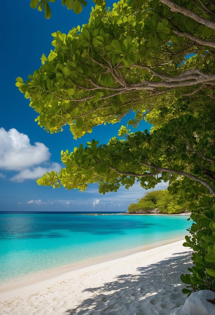 A secluded beach with crystal-clear waters and lush greenery on Necker Island, British Virgin Islands