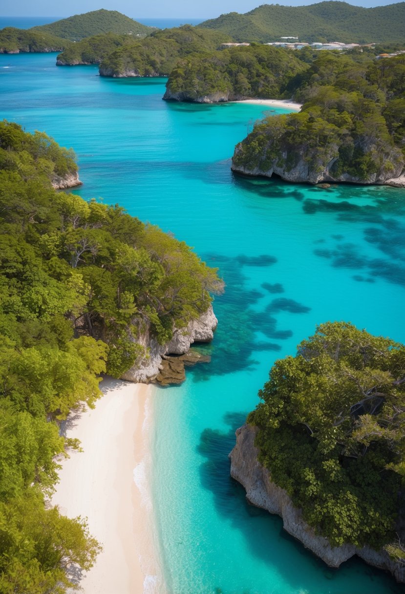 Turquoise bays surrounded by lush greenery, with white sandy beaches and crystal-clear waters, create a serene and romantic atmosphere in Huatulco, Mexico