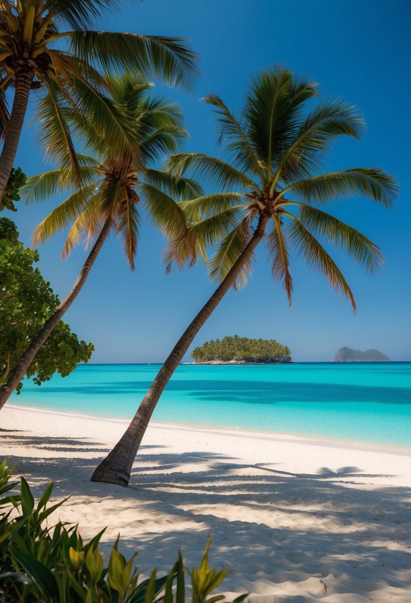 Tropical beach with palm trees, clear blue water, and a secluded island in the distance