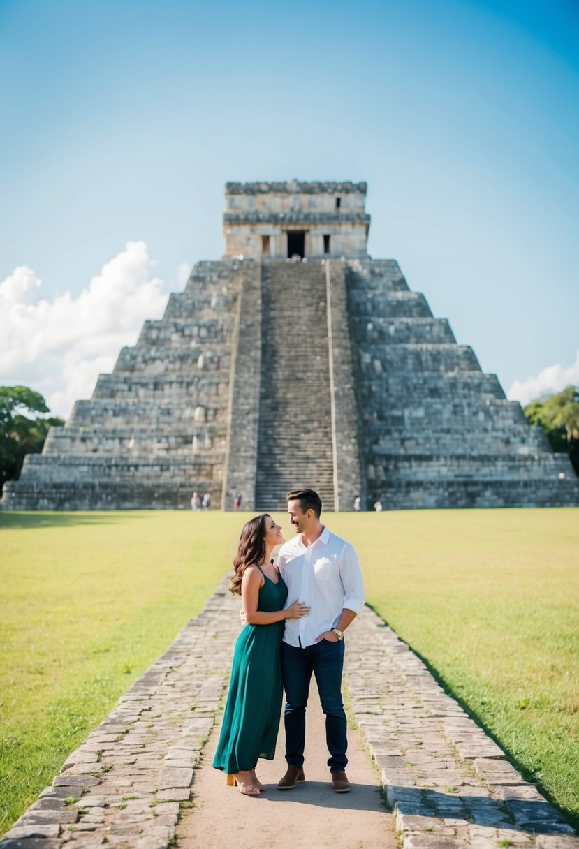 A couple stands in front of the ancient ruins of Chichen Itza, surrounded by lush greenery and clear blue skies