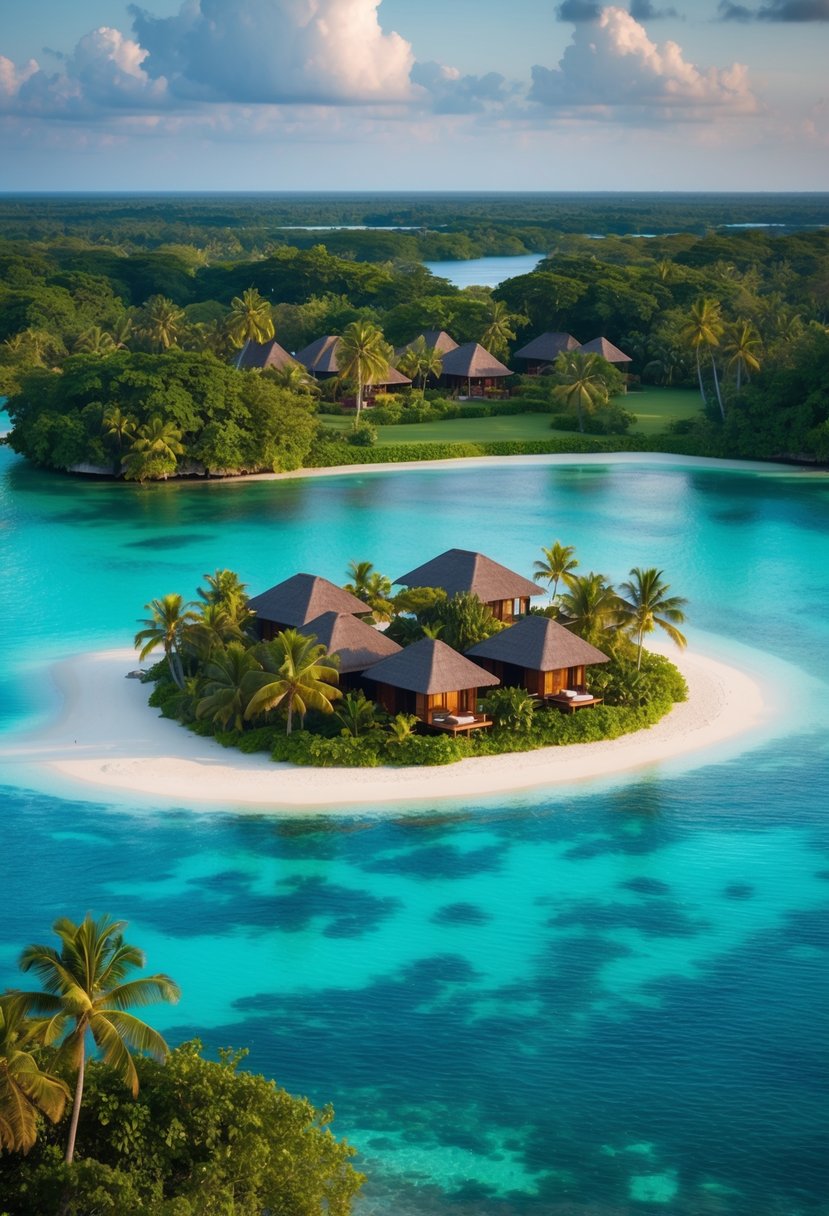 A serene private island in Cambodia, with lush greenery, crystal-clear waters, and luxurious villas nestled among the tropical landscape