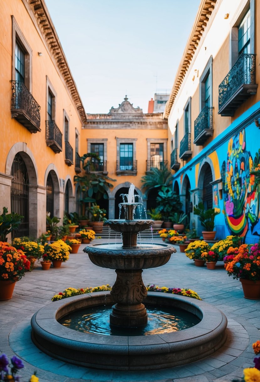 A serene courtyard with colorful flowers and a fountain, surrounded by historic buildings and vibrant street art in Mexico City
