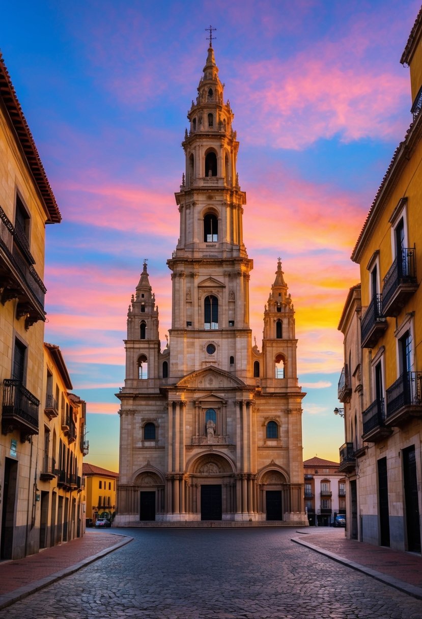 The iconic cathedral of Guadalajara stands tall against a colorful sunset, surrounded by historic buildings and cobblestone streets