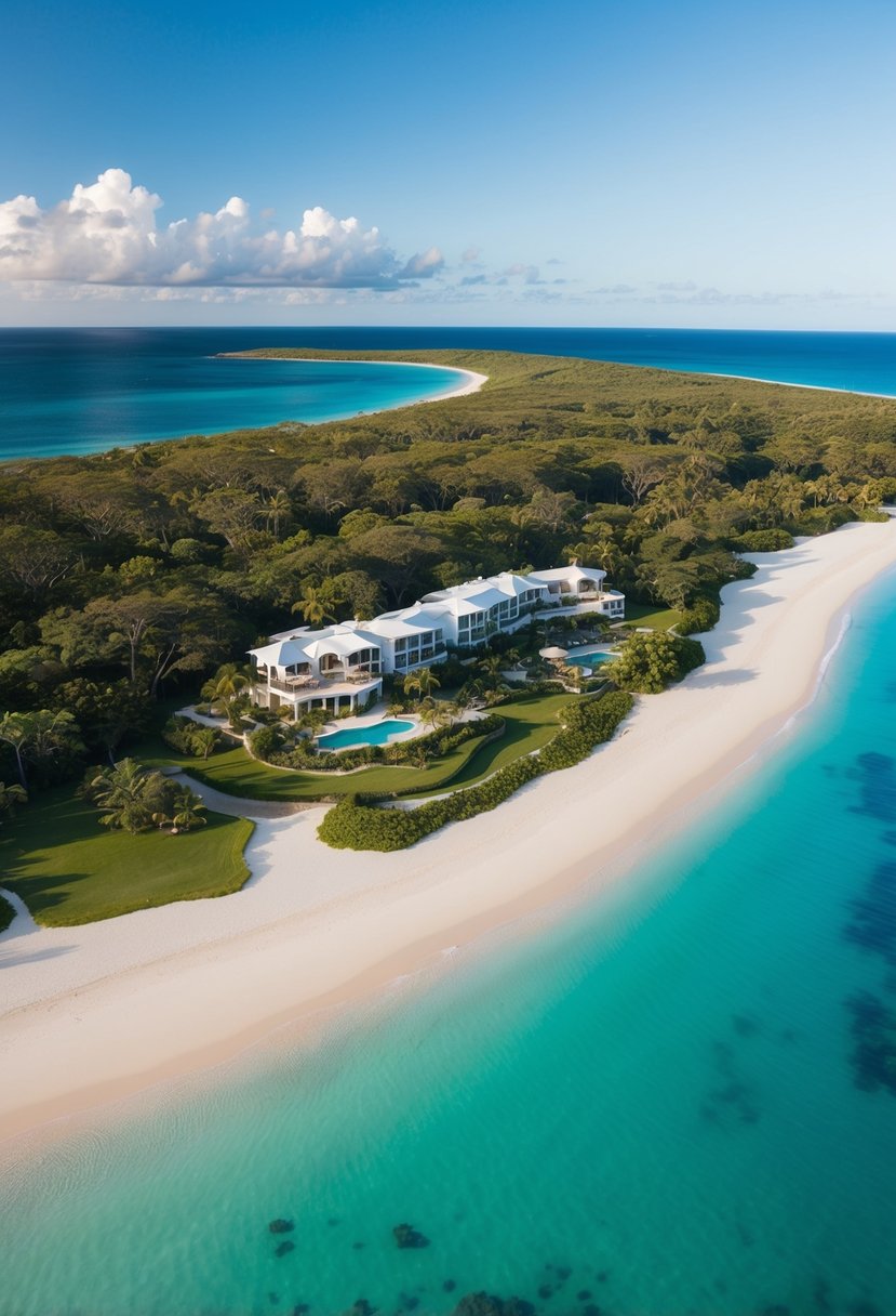 A secluded beach with crystal-clear waters, white sand, and lush greenery surrounded by the Qualia Resort on Hamilton Island, Australia