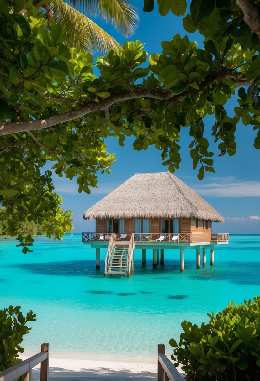 A secluded overwater villa at Pangkor Laut Resort, surrounded by lush tropical foliage and crystal-clear turquoise waters