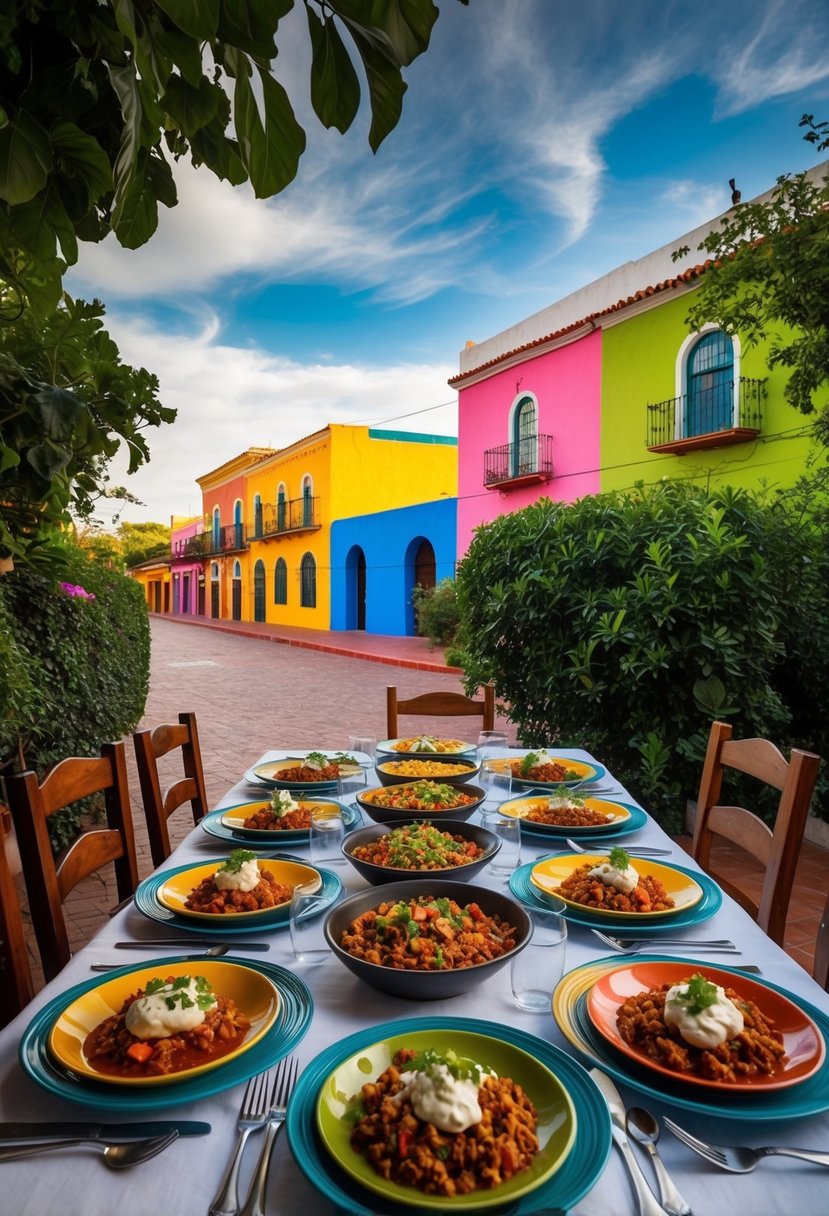 A table set with vibrant Mexican dishes, surrounded by colorful buildings and lush greenery in Puebla, Mexico