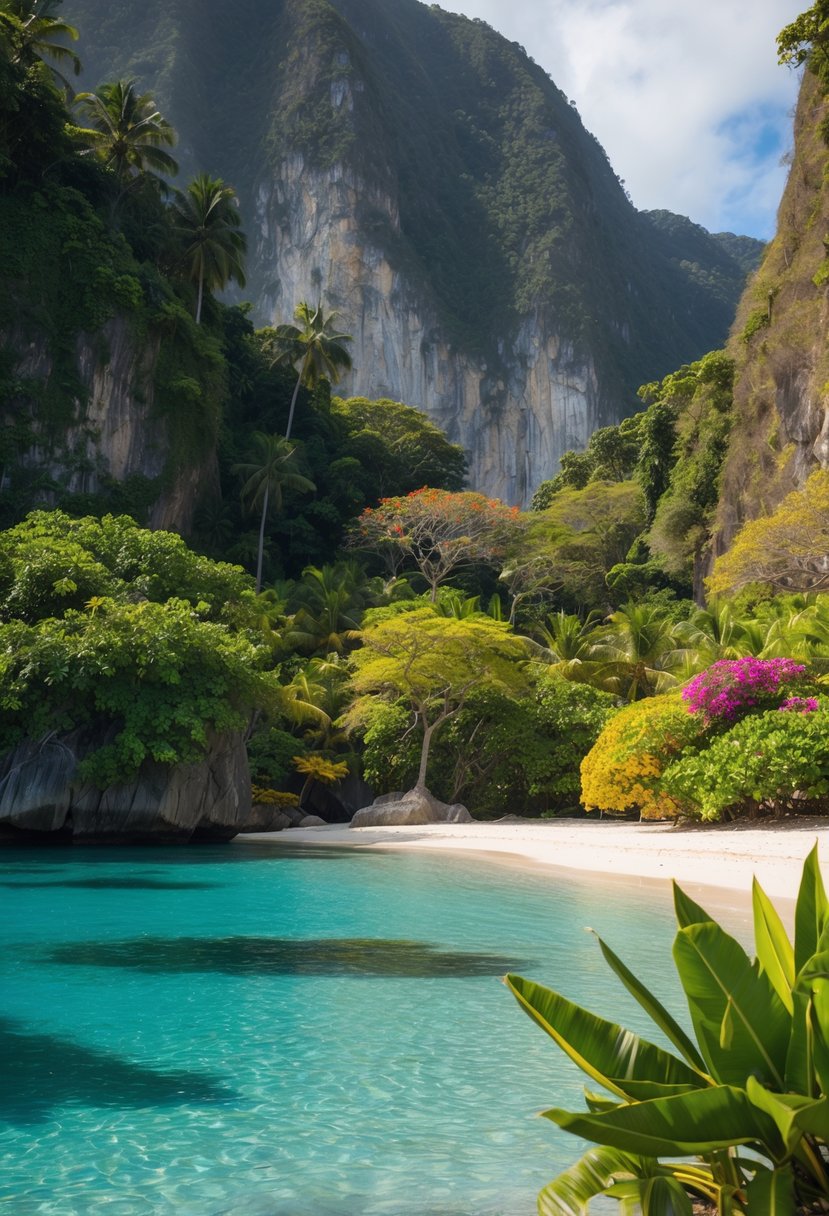A secluded beach with crystal-clear waters, surrounded by lush tropical greenery and colorful flora, with a backdrop of towering cliffs and a serene, untouched atmosphere