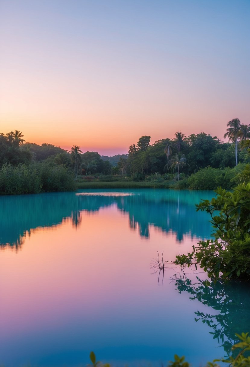 The tranquil Bacalar Lagoon at sunset, with vibrant hues reflecting off the calm water, surrounded by lush greenery and a clear sky