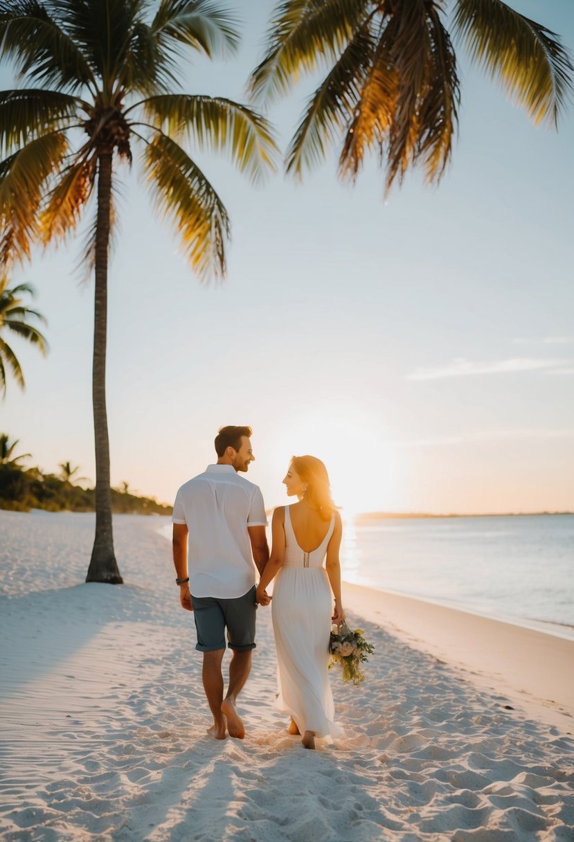 A couple strolling along a white sandy beach at sunset, with palm trees and clear blue water in the background